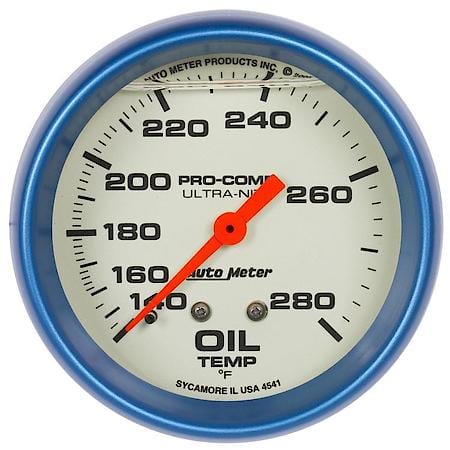 Gauge; Oil Temperature; 2 5/8"; 140-280 Deg. F; Liquid Filled Mechanical; Glow In Dark; Ultra