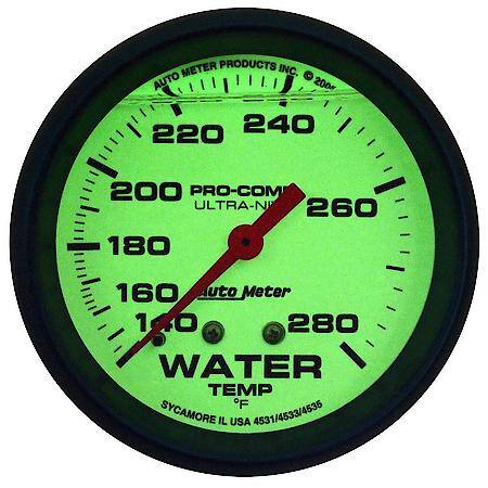Gauge; Water Temperature; 2 5/8"; 140-280 Deg. F; Liq Filld Mechanical; 4'; Glow In Dark; Ultra-Nite