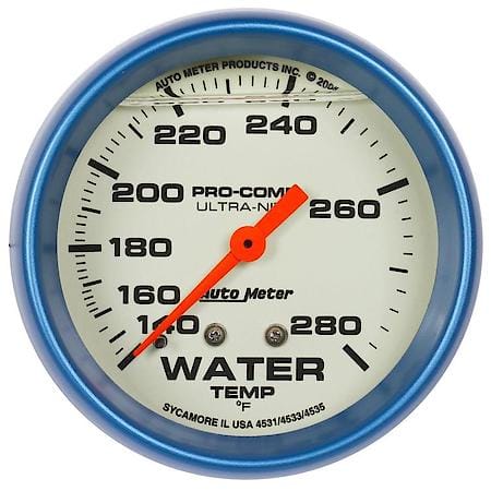 Gauge; Water Temperature; 2 5/8"; 140-280 Deg. F; Liq Filld Mechanical; 4'; Glow In Dark; Ultra-Nite