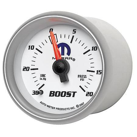 Gauge; Vac/Boost; 2 1/16"; 30Inhg-20 PSI; Mechanical; White; Mopar