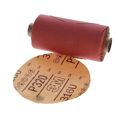 3M Red Abrasive PSA Disc, 01603, 5 in, P320 A Wt, 100 dscs pr rl, 6 rl pr cs (Sold by each)
