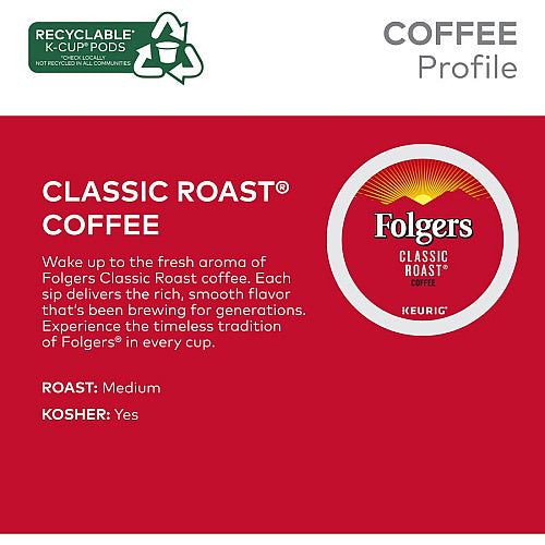 Folgers Folger K-Cup Classic Roast Coffee Compatible with Keurig K-Cup Brewer, American, Medium, 24 K-Cup, K-Cup, Classic Roast, Kosher, 24 / Box