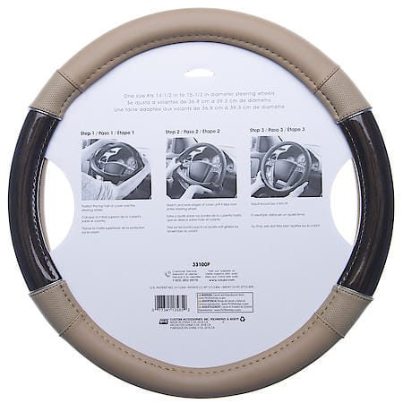 CUSTOM GRIP TAN WOOD GRAIN CHROME ACCENTS TPE CORE STEERING WHEEL COVER