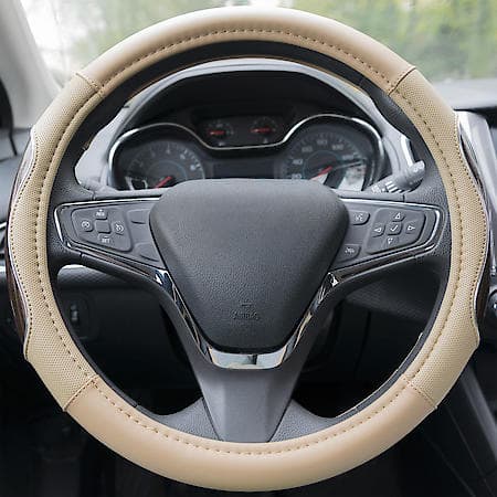 CUSTOM GRIP TAN WOOD GRAIN CHROME ACCENTS TPE CORE STEERING WHEEL COVER