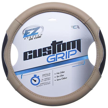 CUSTOM GRIP TAN WOOD GRAIN CHROME ACCENTS TPE CORE STEERING WHEEL COVER
