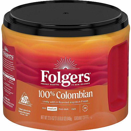 Folgers® Ground 100% Colombian Coffee Medium, 22.6 oz Per Canister, Ground, Columbian, Arabica, 1 Each