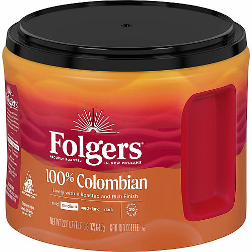 Folgers® Ground 100% Colombian Coffee Medium, 22.6 oz Per Canister, Ground, Columbian, Arabica, 1 Each