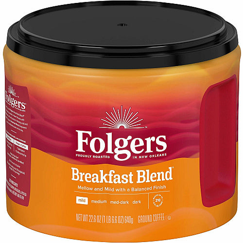 Folgers® Ground Breakfast Blend Coffee Mild, 22.6 oz Per Canister, Ground, Breakfast Blend, 1 Each