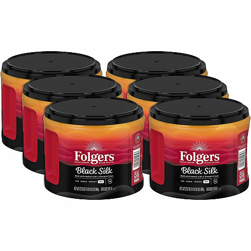 Folgers® Ground Black Silk Coffee Dark, 22.6 oz Per Canister, Ground, Black Silk, 6/Carton