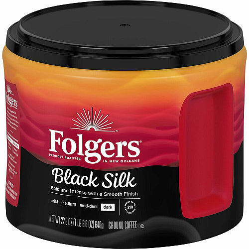 Folgers® Ground Black Silk Coffee Dark, 22.6 oz Per Canister, Ground, Black Silk, 6/Carton