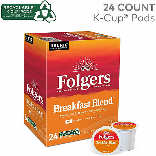 Folgers® K-Cup Breakfast Blend Coffee Compatible with Keurig K-Cup Brewer, Mild, K-Cup, Breakfast Blend, Kosher, 24 / Box