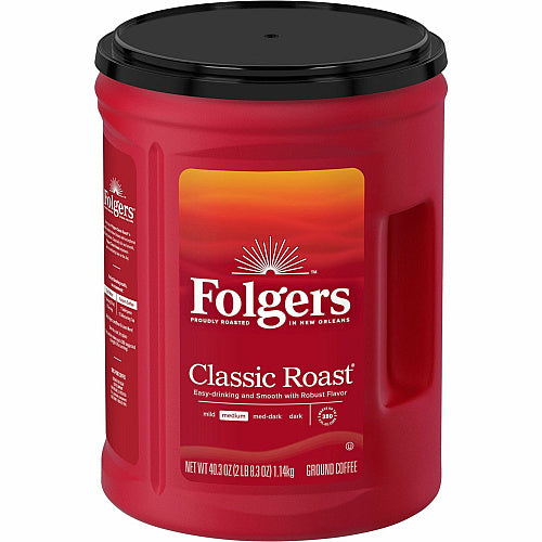 Folgers Ground Canister Classic Roast Coffee Medium, 40.3 oz Per Canister, Ground, Mountain Grown, Classic Roast, Kosher, 1 Each