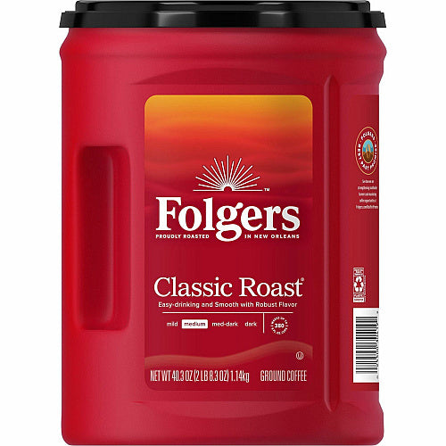 Folgers Ground Canister Classic Roast Coffee Medium, 40.3 oz Per Canister, Ground, Mountain Grown, Classic Roast, Kosher, 1 Each