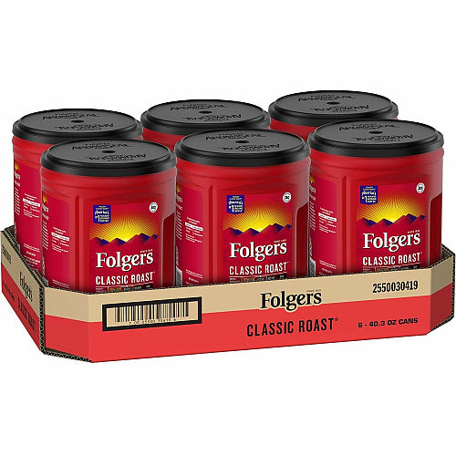 Folgers Ground Canister Classic Roast Coffee Medium, 40.3 oz Per Canister, Ground, Mountain Grown, Classic Roast, Kosher, 6/Carton