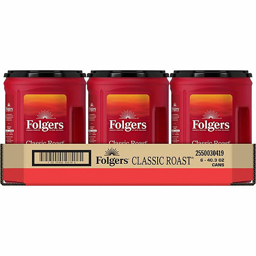 Folgers Ground Canister Classic Roast Coffee Medium, 40.3 oz Per Canister, Ground, Mountain Grown, Classic Roast, Kosher, 6/Carton