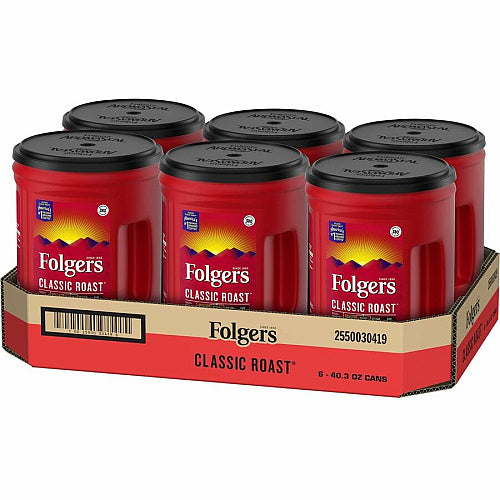 Folgers Ground Canister Classic Roast Coffee Medium, 40.3 oz Per Canister, Ground, Mountain Grown, Classic Roast, Kosher, 6/Carton