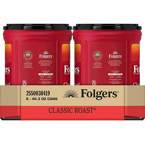 Folgers Ground Canister Classic Roast Coffee Medium, 40.3 oz Per Canister, Ground, Mountain Grown, Classic Roast, Kosher, 6/Carton