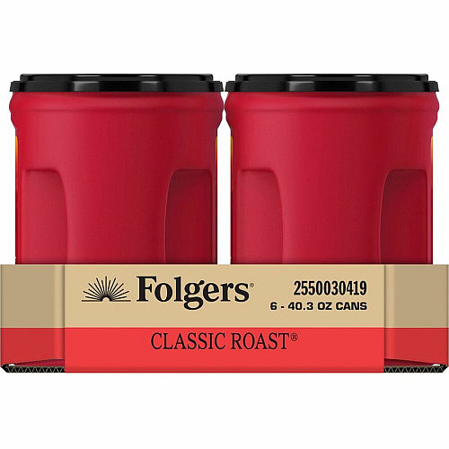 Folgers Ground Canister Classic Roast Coffee Medium, 40.3 oz Per Canister, Ground, Mountain Grown, Classic Roast, Kosher, 6/Carton