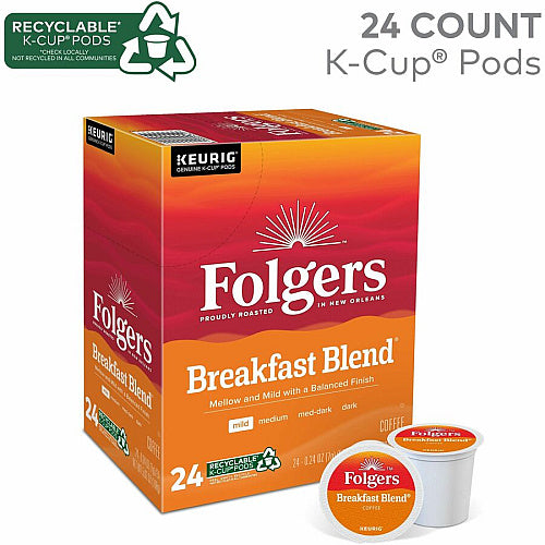 Folgers® K-Cup Breakfast Blend Coffee Compatible with Keurig Brewer, Light/Mild, 0.2 oz Per Box, 24 K-Cup, K-Cup, Breakfast Blend, Kosher, 4/Carton