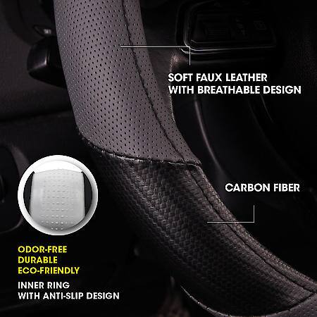 AutoCraft Two Tone Sports Steering Wheel Cover: Black/Grey Faux Leather, Fits 14.5" - 15", Carbon Fiber
