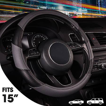 AutoCraft Two Tone Sports Steering Wheel Cover: Black/Grey Faux Leather, Fits 14.5" - 15", Carbon Fiber