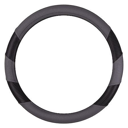 AutoCraft Two Tone Sports Steering Wheel Cover: Black/Grey Faux Leather, Fits 14.5" - 15", Carbon Fiber