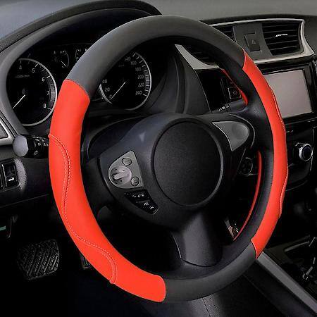 Car & SUV Steering Wheel Cover, Black/Red PU Leather, Sport, Fits 15.25" & Larger, Performance Grip