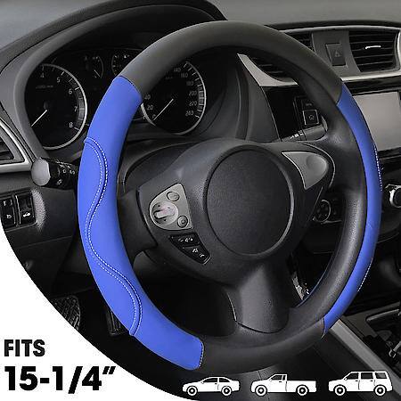 Sport Cut Steering Wheel Cover: Black/Blue Faux Leather, Fits 15.25" -15.35", Performance Grip