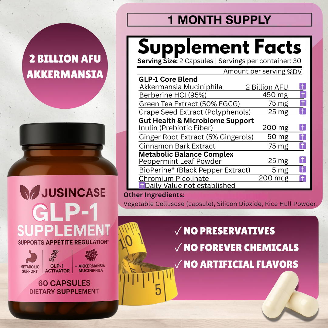 GLP-1 Weight Management Supplement for Women and Men | Akkermansia Probiotic with Prebiotic Fiber | Formulated to Support Natural GLP1 Production, Hunger & Metabolism Support | Appetite Regulation for Gut Health | 60 Capsules | JUSINCASE®