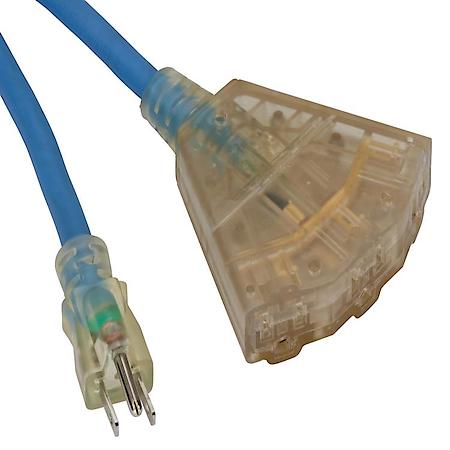 50Ft Cold Weather Extension Cord W/Lighted End & 3 Outlets - 15Amp