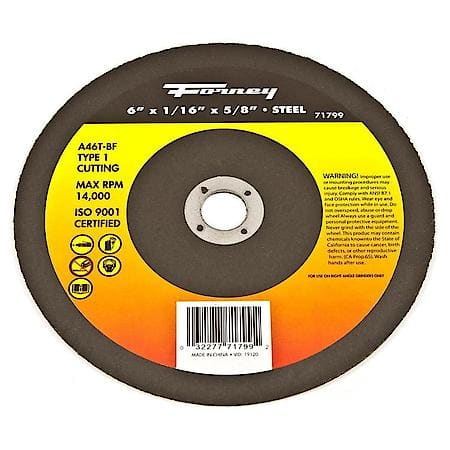 Cut-Off Wheel, Metal, Type 1, 6 Inch by 1/16 Inch by 5/8 Inch