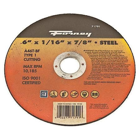 Cut-Off Wheel, Metal, Type 1, 6 Inch by 1/16 Inch by 7/8 Inch