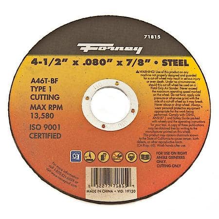 Cut-Off Wheel, Metal, Type 1, 4-1/2 Inch by .080 Inch by 7/8 Inch