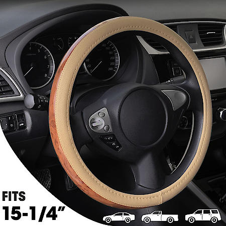Woodgrain Steering Wheel Cover: Tan Faux Leather, Fits 15.25" -15.35", Breathable