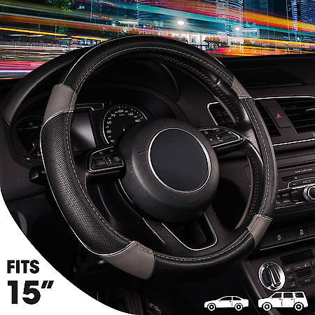 AutoCraft Sports Chrome Accent Steering Wheel Cover: Black/Grey Faux Leather, Fits 14.5" - 15"