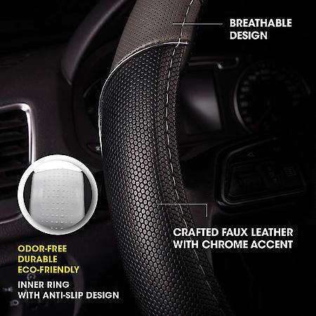 AutoCraft Sports Chrome Accent Steering Wheel Cover: Black/Grey Faux Leather, Fits 14.5" - 15"