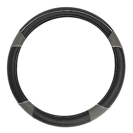AutoCraft Sports Chrome Accent Steering Wheel Cover: Black/Grey Faux Leather, Fits 14.5" - 15"