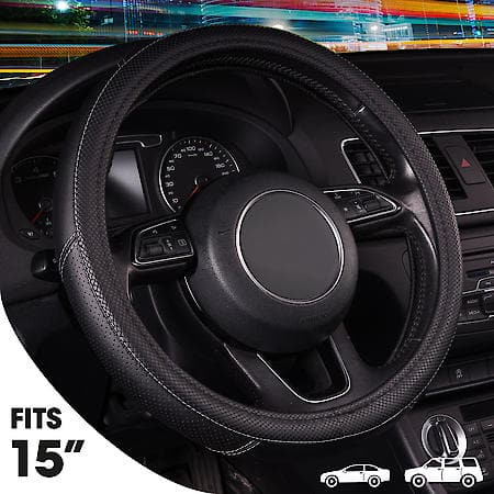 AutoCraft Sport Stitch Steering Wheel Cover: Black Faux Leather, Fits 14.5" - 15", Breathable
