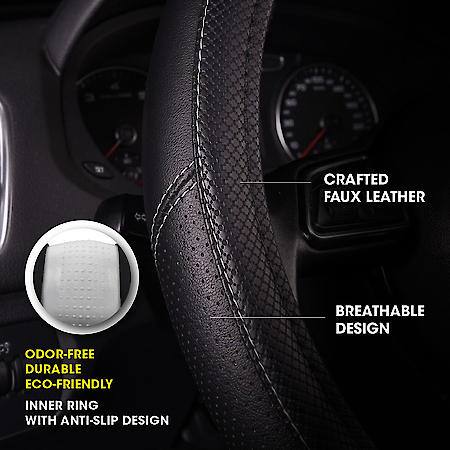 AutoCraft Sport Stitch Steering Wheel Cover: Black Faux Leather, Fits 14.5" - 15", Breathable