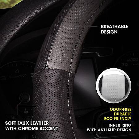 AutoCraft Chrome Accent Steering Wheel Cover: Black/Grey Faux Leather, Fits 14.5" - 15", Breathable