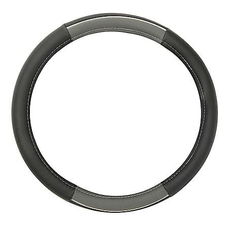 AutoCraft Chrome Accent Steering Wheel Cover: Black/Grey Faux Leather, Fits 14.5" - 15", Breathable