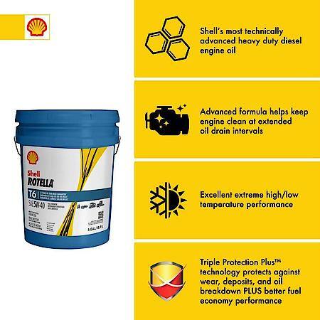T6 5W-40 Full Synthetic Diesel Engine Oil, Enhanced Fuel Economy, 5 Gallon