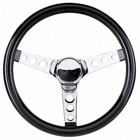 13.5"Dia, 3 Chrome Steel Spokes, Black Vinyl Grip, 5 Bolt