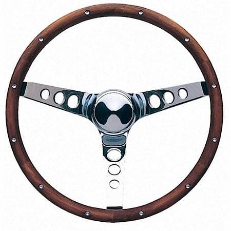 15"Dia, 3 Spoke, Walnut Hardwood Grip, Chrome Plated Steel Spokes