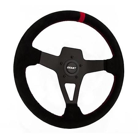 Suede Series Steering Wheel, 13.75 inch Diameter, 3 Spoke, Black with Red Stitch