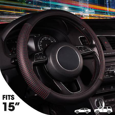 AutoCraft Perforated Sports Steering Wheel Cover: Black/Red Faux Leather, Fits 14.5" - 15", Breathable