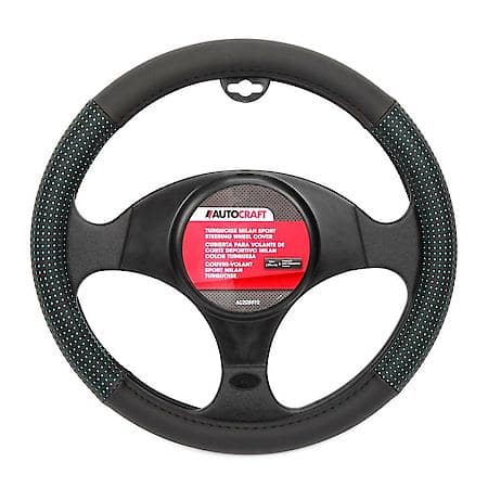 Steering Wheel Cover, Black/Mint Faux Leather, Sporty, Fits 15" & Smaller, Neat Perforated