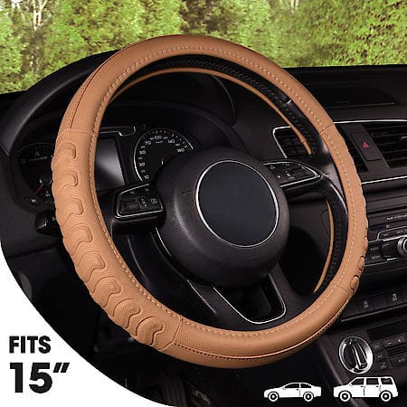 AutoCraft Action Grip Steering Wheel Cover: Tan Faux Leather, Fits 14.5" - 15", Massage And Breathable
