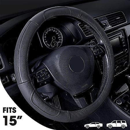 Luxury Steering Wheel Cover: Durable Black Genuine Leather, Fits 14.5-15"