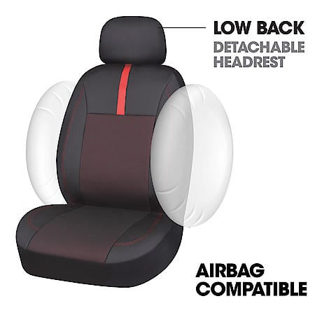 AutoCraft Seat Cover: Black/Red, Faux Leather, Low Back, Universal, 2 Pk